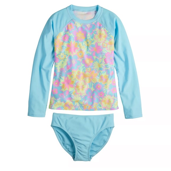 So Light Blue Floral Rashguard 2 Piece Swimsuit Set Size 12 Girls NWT - Picture 3 of 8